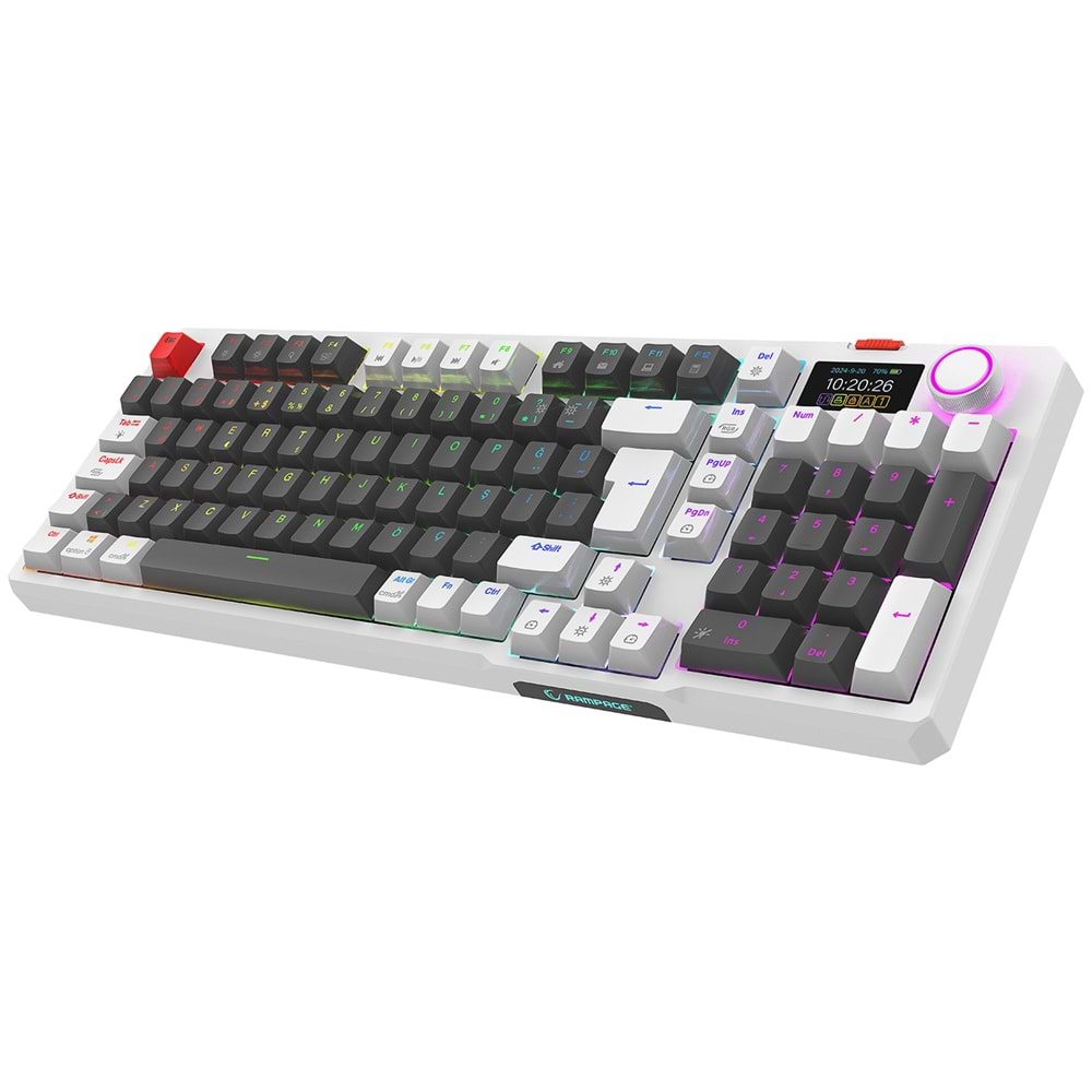 Rampage LOYAL Pro Gri/Beyaz 3 BT + 2.4 IPS Ekranlı Red Switch RGB Mekanik Kablosuz Klavye