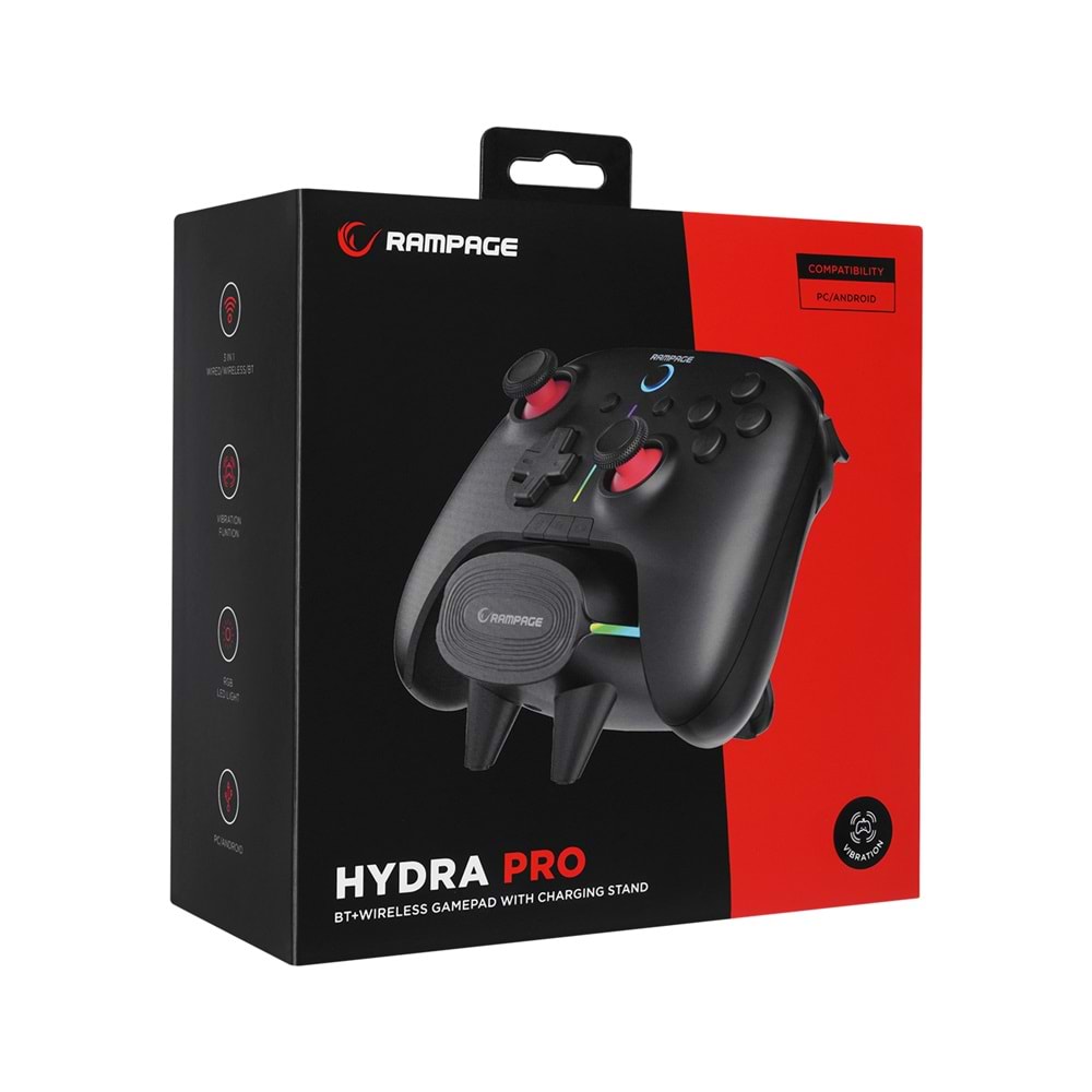 Rampage HYDRA PRO Siyah BT + 2.4 GHz Şarj İstasyonlu PC Gamepad RGB Joypad