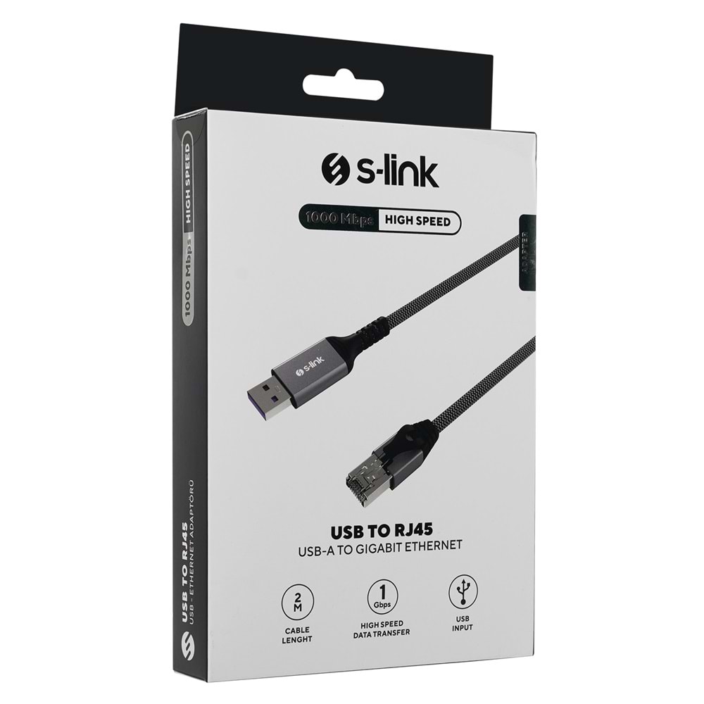 S-link SW-U338 RJ45 to USB 2 Metre Örgülü Kablo Gri Metal Adaptör