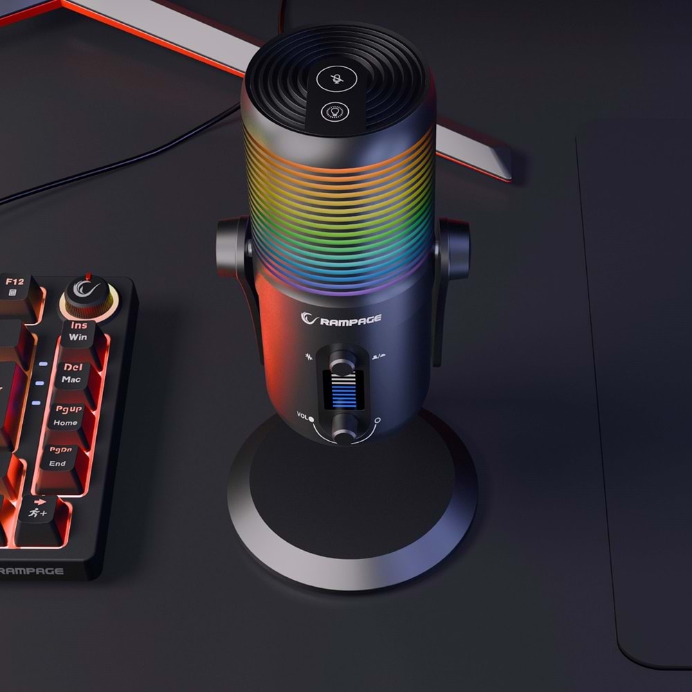 Rampage DİYEZ Siyah RGB Ses Göstergeli USB Masaüstü Oyuncu Mikrofonu