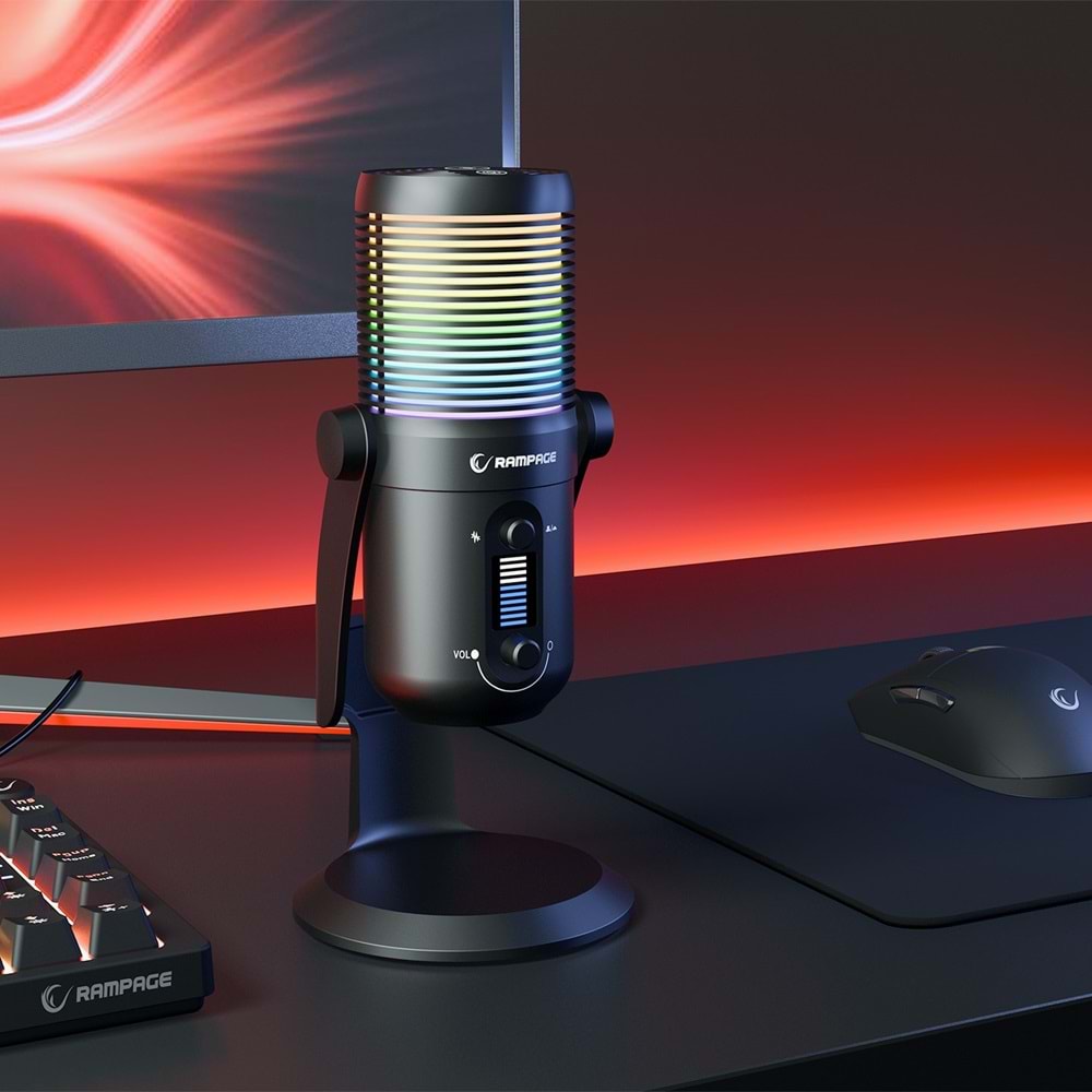 Rampage DİYEZ Siyah RGB Ses Göstergeli USB Masaüstü Oyuncu Mikrofonu