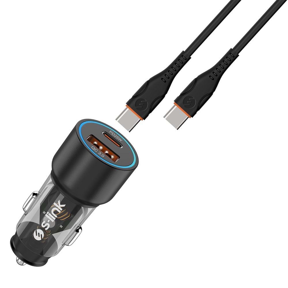 S-link SL-AC43TP TypeC to TypeC Kablolu 43W PD 25W + QC3.0 18W Siyah Araç Şarj Cihazı