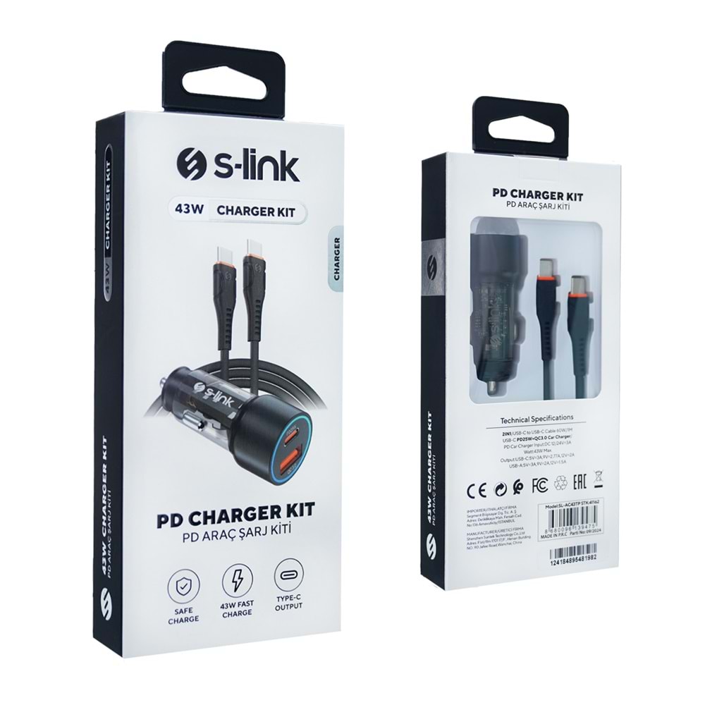 S-link SL-AC43TP TypeC to TypeC Kablolu 43W PD 25W + QC3.0 18W Siyah Araç Şarj Cihazı