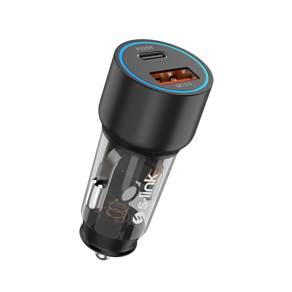 S-link SL-AC43TP TypeC to TypeC Kablolu 43W PD 25W + QC3.0 18W Siyah Araç Şarj Cihazı