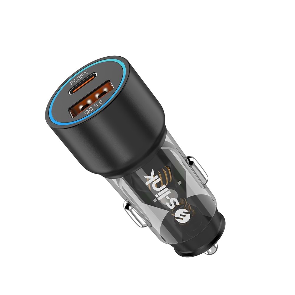 S-link SL-AC43TP TypeC to TypeC Kablolu 43W PD 25W + QC3.0 18W Siyah Araç Şarj Cihazı