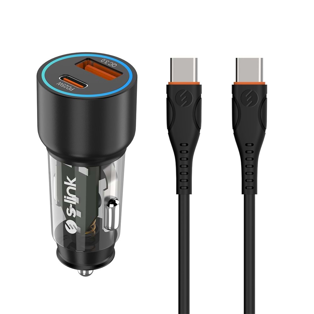 S-link SL-AC43TP TypeC to TypeC Kablolu 43W PD 25W + QC3.0 18W Siyah Araç Şarj Cihazı