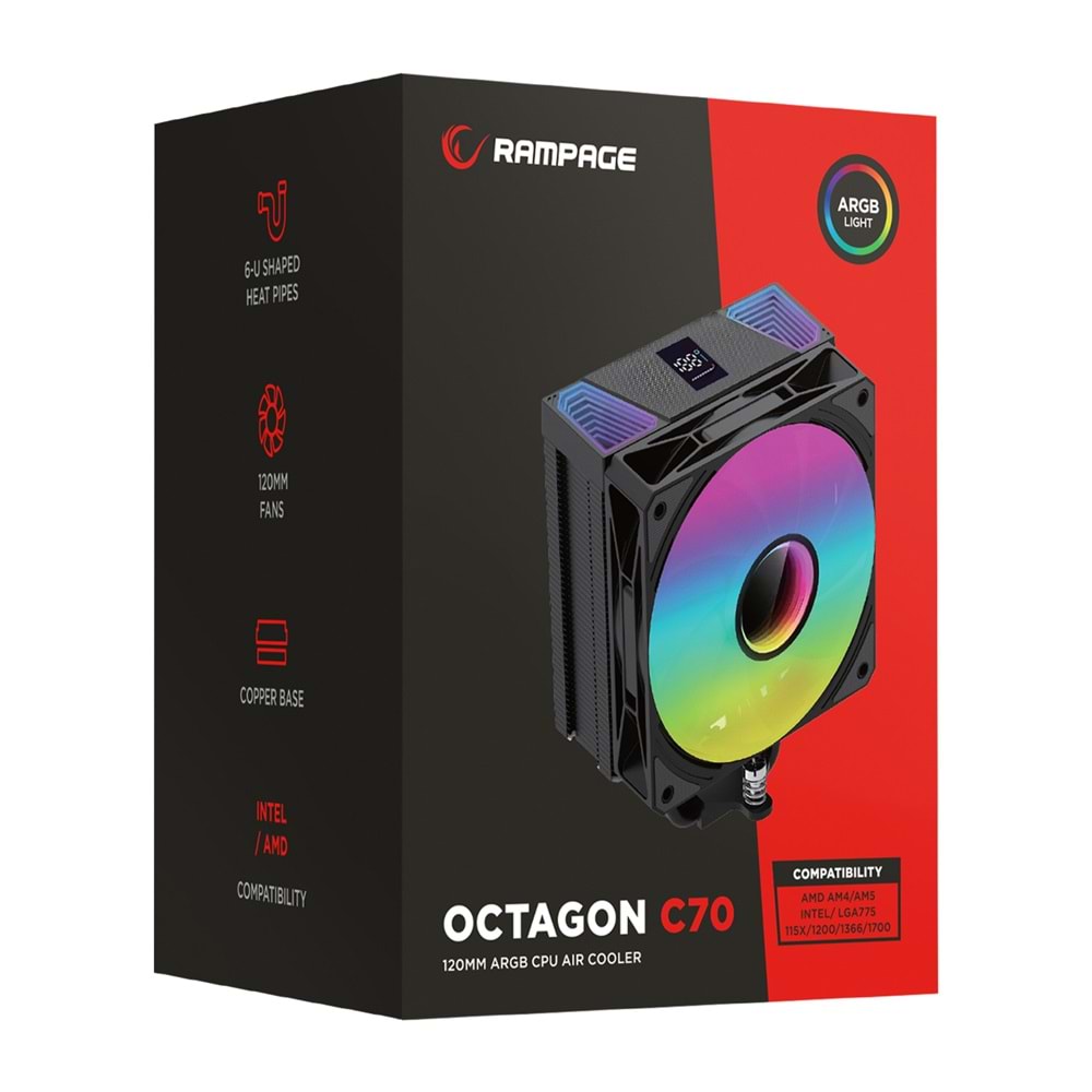 Rampage OCTAGON C70 Beyaz 63CFM 12cm ARGB Sıcaklık Göstergeli AM5/LGA1700 Uyumlu Hava Soğutmalı CPU Fan