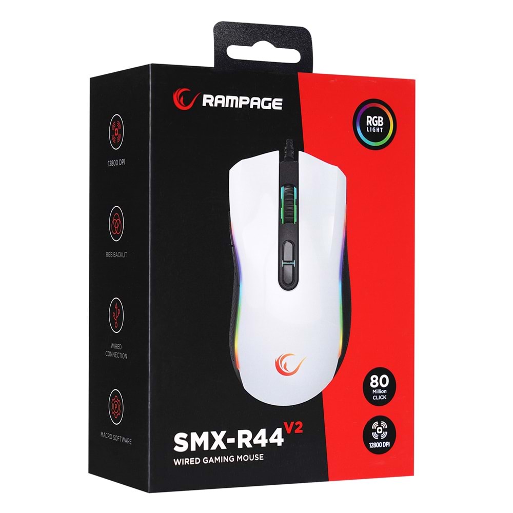 Rampage SMX-R44 V2 Makrolu Beyaz 12800 DPI RGB LED 80 Milyon Huano Switch Gaming Oyuncu Mouse