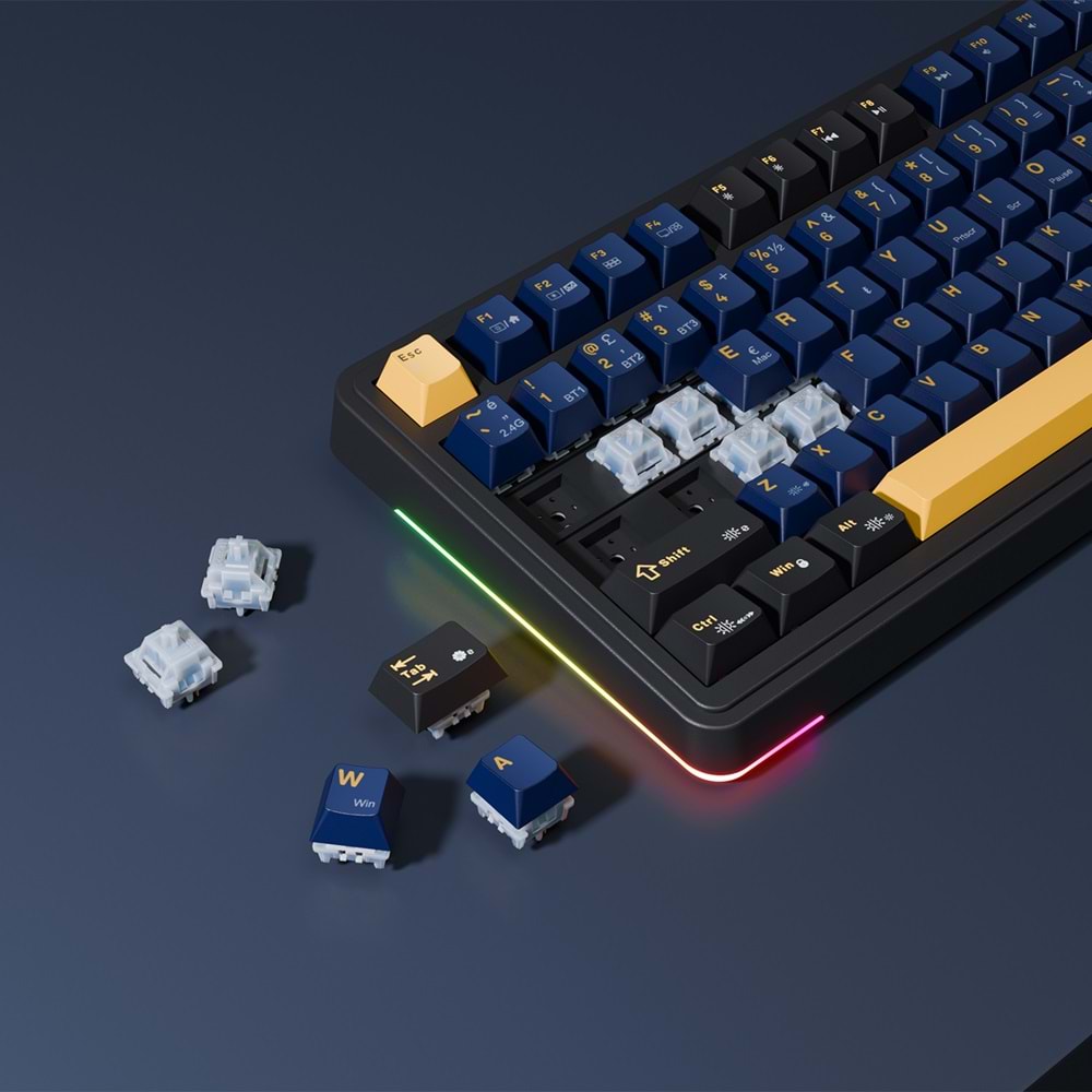 Rampage Quell Siyah Hot Swap 2.4G + Bluetooth Wireless RGB Gasket Oil Switch Türkçe Q PBT Keycaps Mekanik Klavye Outlet