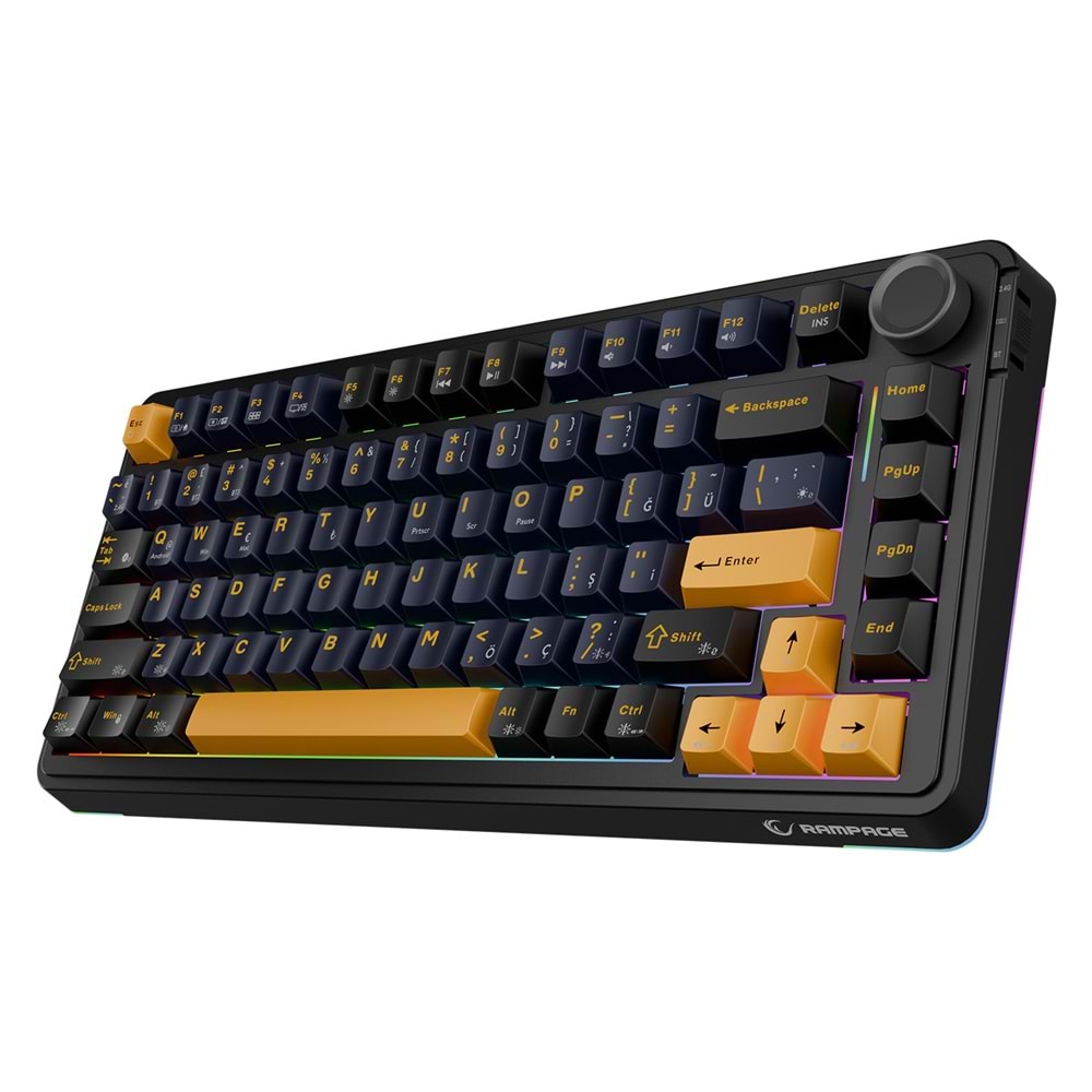 Rampage Quell Siyah Hot Swap 2.4G + Bluetooth Wireless RGB Gasket Oil Switch Türkçe Q PBT Keycaps Mekanik Klavye Outlet