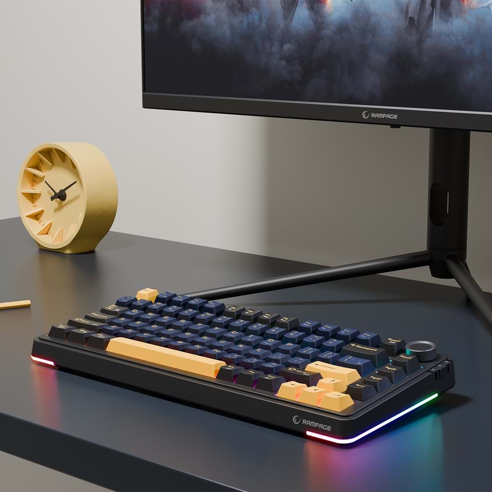Rampage Quell Siyah Hot Swap 2.4G + Bluetooth Wireless RGB Gasket Oil Switch Türkçe Q PBT Keycaps Mekanik Klavye Outlet