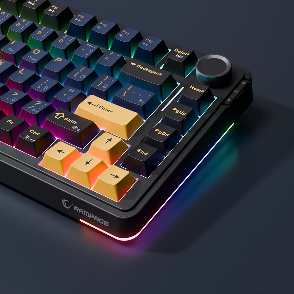 Rampage Quell Siyah Hot Swap 2.4G + Bluetooth Wireless RGB Gasket Oil Switch Türkçe Q PBT Keycaps Mekanik Klavye Outlet