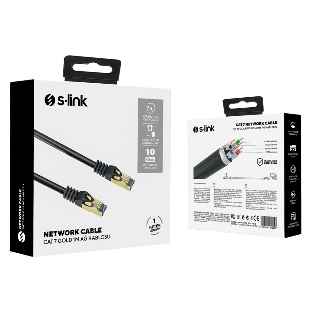 S-link MM-CAT701 1m Siyah S/FTP CCA CAT7 Gold Uçlu Ağ Bağlantı Kablosu