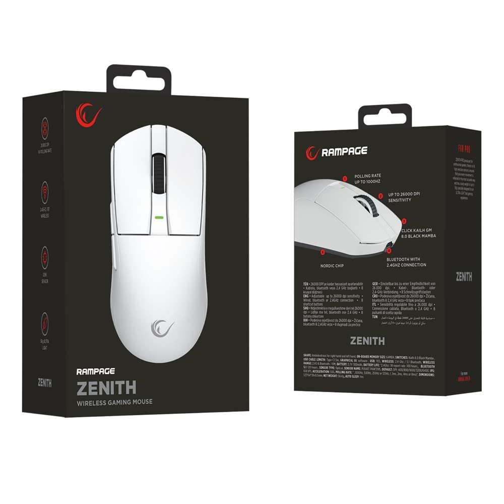 Rampage ZENITH BT+Wired+2.4G Beyaz Kablosuz PAW3395 NORDIC 52833 MCU Gaming Oyuncu Mouse