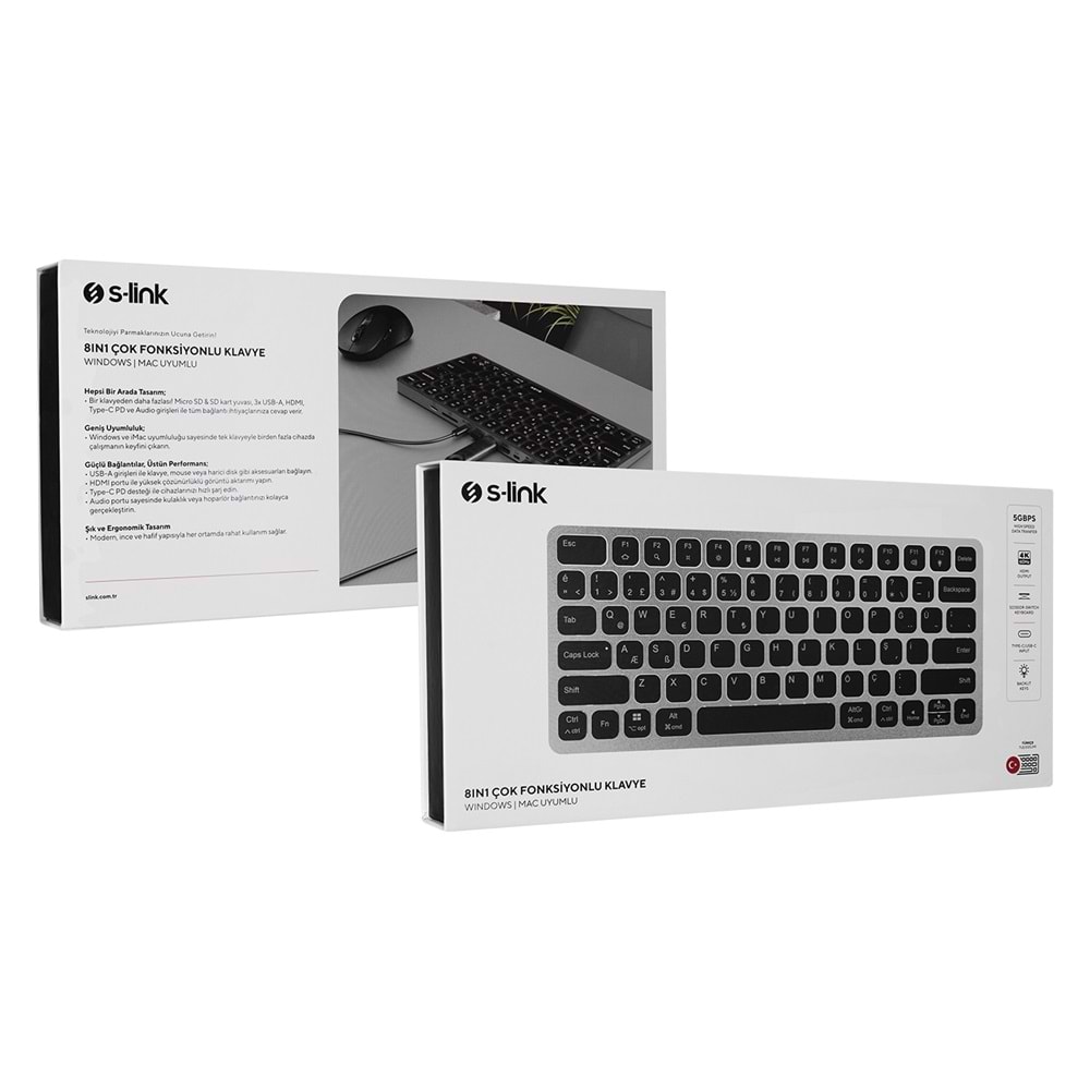 S-Link SW-K801 Siyah USB 8 in 1 USB Q Klavye 2*USB, HDMI, TYPE-C, AUX, TF ve SD Okuyuculu HUB Klavye