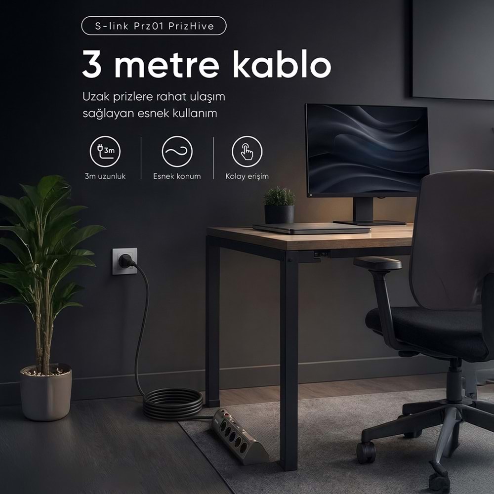 S-link PRZ01 PrizHive 10'lu 3 Metre Akım Korumalı Priz 1 USB 1 Type-C 3680W Siyah