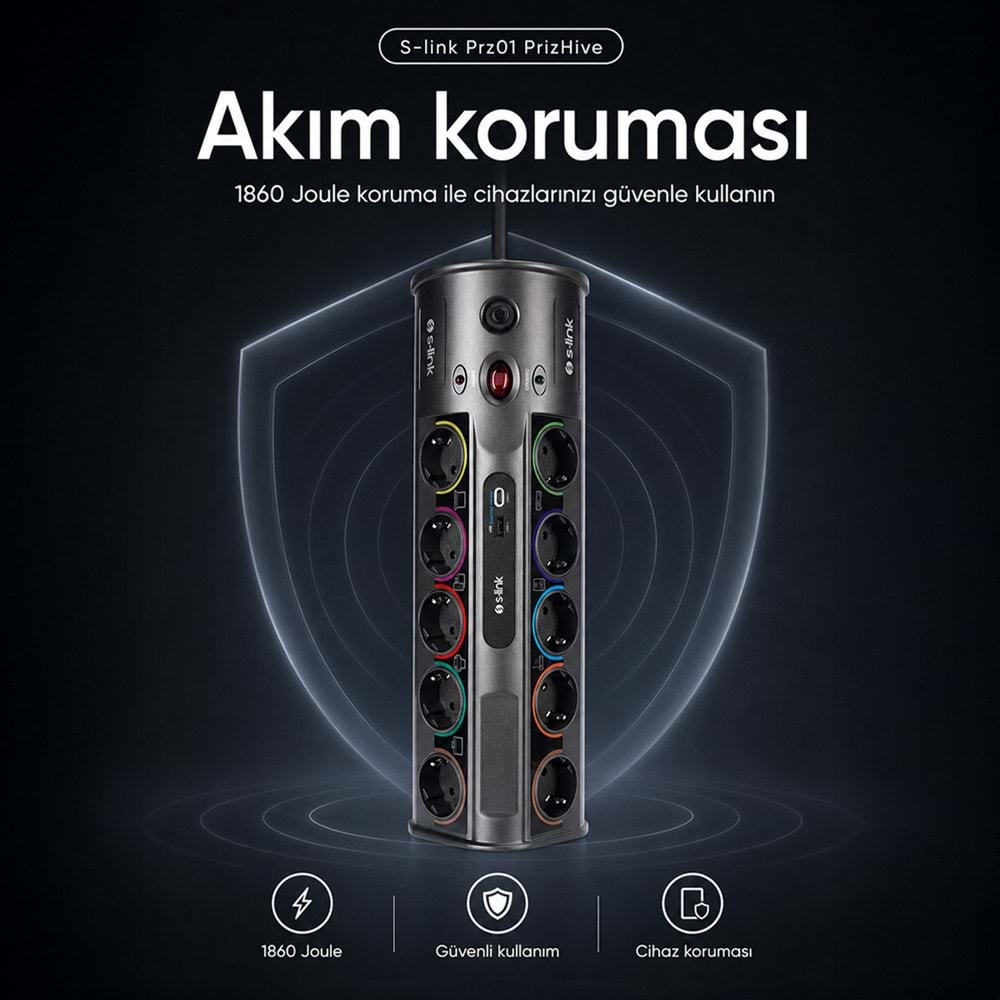 S-link PRZ01 PrizHive 10'lu 3 Metre Akım Korumalı Priz 1 USB 1 Type-C 3680W Siyah