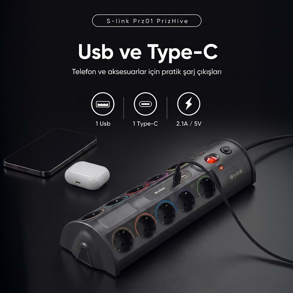 S-link PRZ01 PrizHive 10'lu 3 Metre Akım Korumalı Priz 1 USB 1 Type-C 3680W Siyah