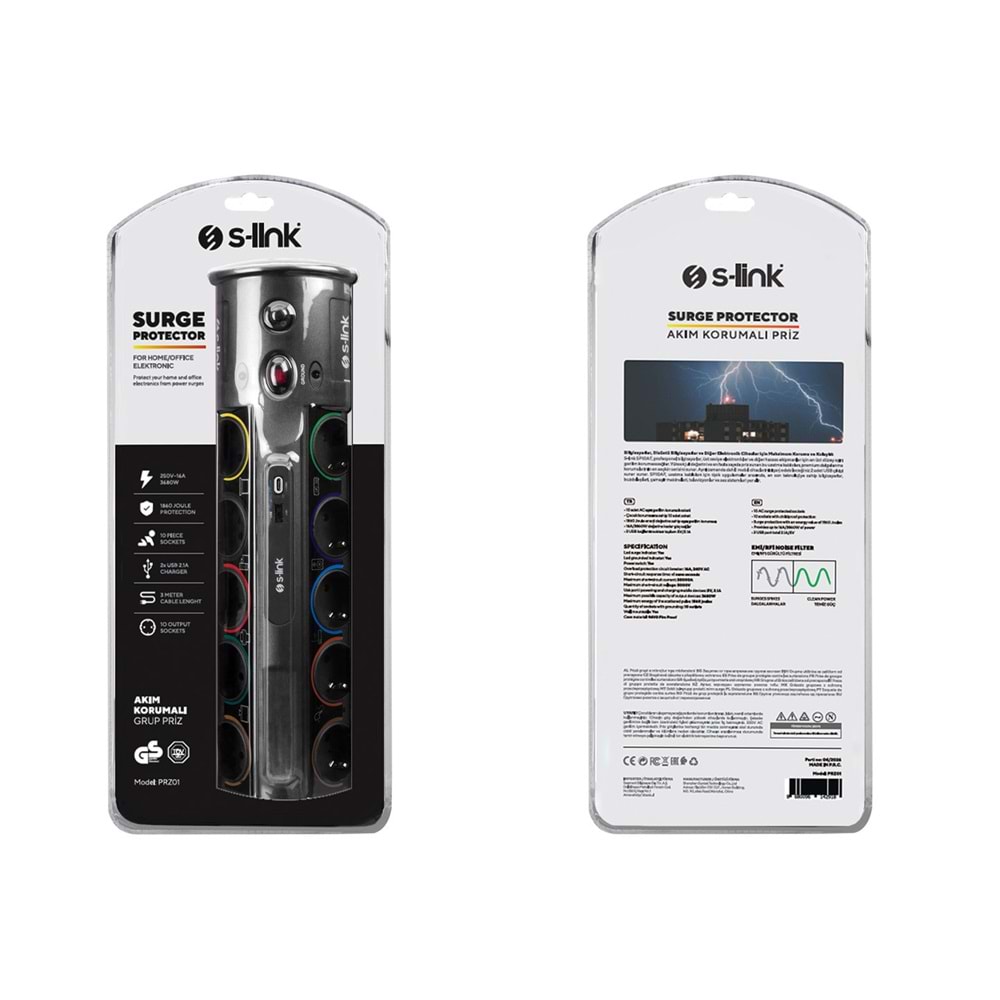 S-link PRZ01 PrizHive 10'lu 3 Metre Akım Korumalı Priz 1 USB 1 Type-C 3680W Siyah