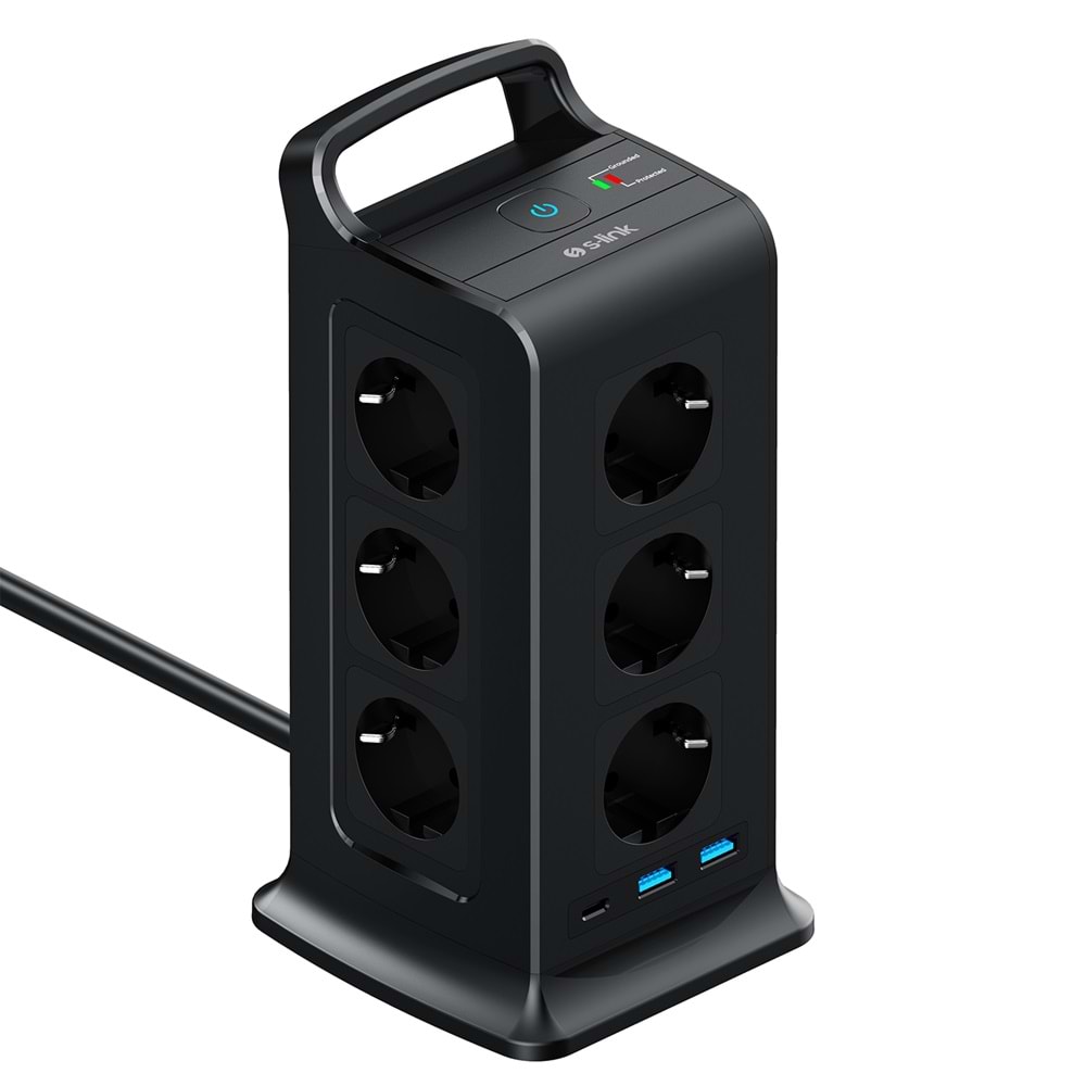 S-link PRZ02 VoltBar 12'li 2M Akım Korumalı Grup Priz 2 USB + Type-C PD 1050J