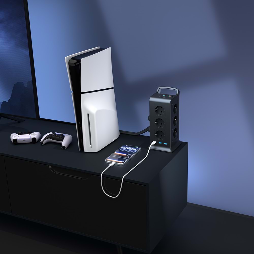 S-link PRZ02 VoltBar 12'li 2M Akım Korumalı Grup Priz 2 USB + Type-C PD 1050J