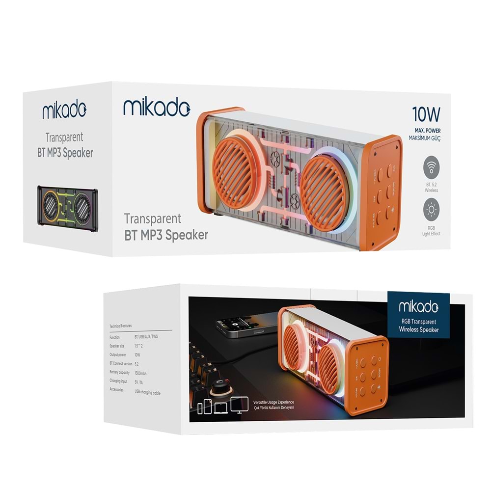 Mikado MD-56BT Turuncu Beyaz AUX + USB + Bluetooth Destekli 10W 1500mAh Taşınabilir Speaker