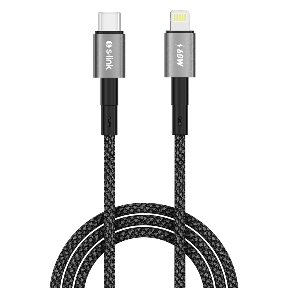 S-link Armor MCL-01 30W 1m Type-C to Lightning PD Örgülü Metal Başlıklı Siyah Hızlı Şarj Kablosu