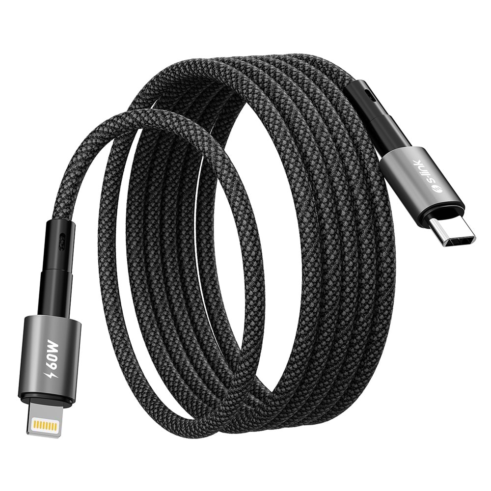 S-link Armor MCL-01 30W 1m Type-C to Lightning PD Örgülü Metal Başlıklı Siyah Hızlı Şarj Kablosu