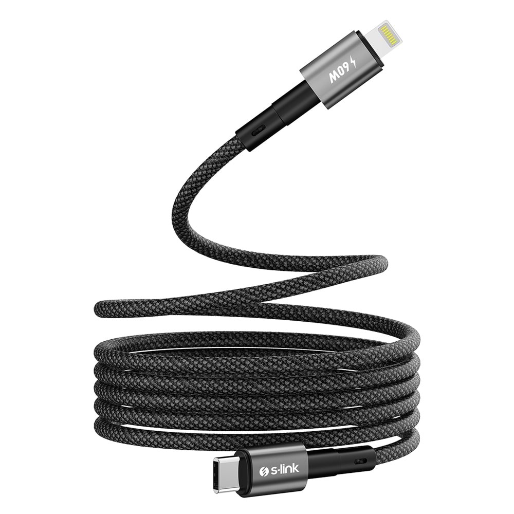 S-link Armor MCL-01 30W 1m Type-C to Lightning PD Örgülü Metal Başlıklı Siyah Hızlı Şarj Kablosu
