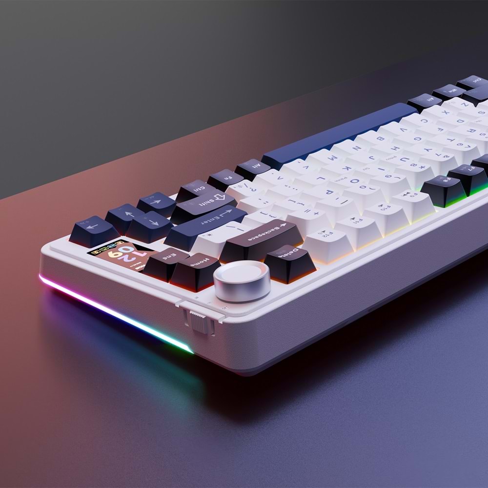 Rampage Quell Pro Ekranlı Beyaz Hot Swap 2.4G + Bluetooth Wireless RGB Gasket Oil Switch English Layout PBT Keycaps Mekanik Oyuncu Klavyesi Outlet