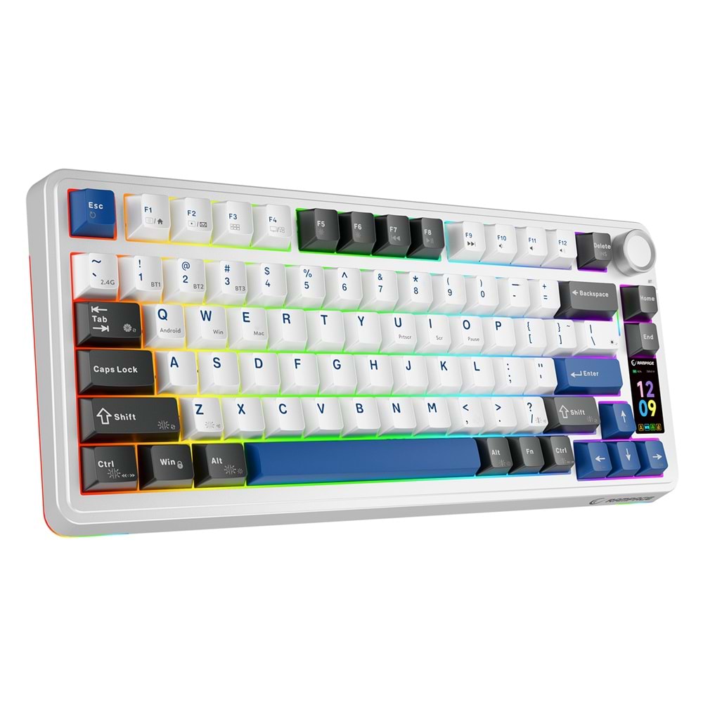 Rampage Quell Pro Ekranlı Beyaz Hot Swap 2.4G + Bluetooth Wireless RGB Gasket Oil Switch English Layout PBT Keycaps Mekanik Oyuncu Klavyesi Outlet