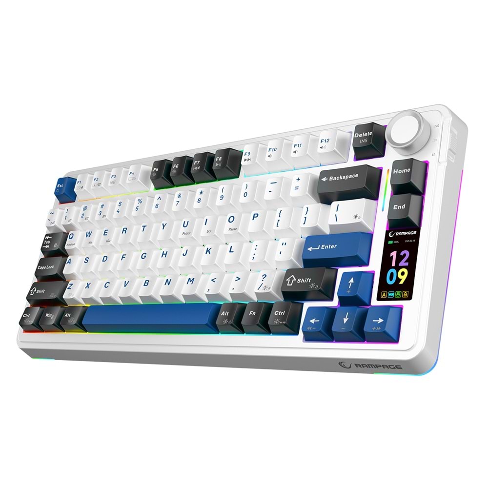 Rampage Quell Pro Ekranlı Beyaz Hot Swap 2.4G + Bluetooth Wireless RGB Gasket Oil Switch English Layout PBT Keycaps Mekanik Oyuncu Klavyesi Outlet