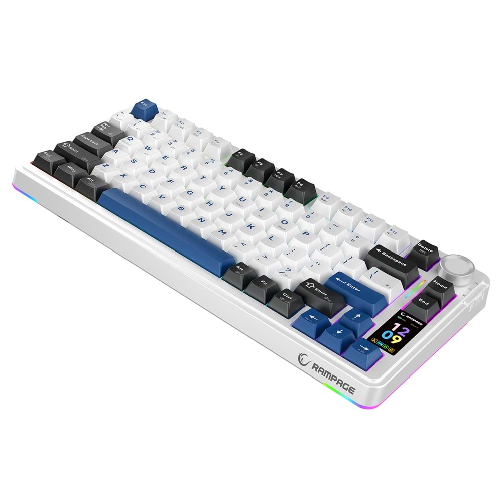 Rampage Quell Pro Ekranlı Beyaz Hot Swap 2.4G + Bluetooth Wireless RGB Gasket Oil Switch English Layout PBT Keycaps Mekanik Oyuncu Klavyesi Outlet