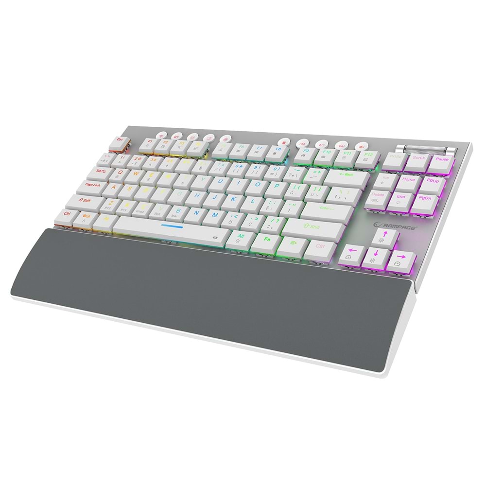 Rampage BERU Beyaz 2.4G + BT Wireless RED SWITCH Mekanik Gaming Oyuncu Klavye Slim Low Profile RGB TKL