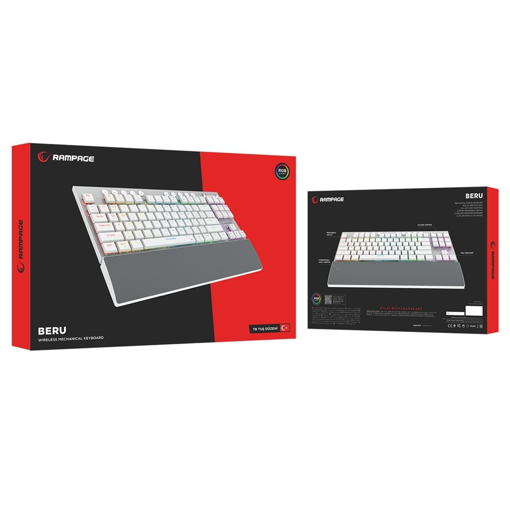 Rampage BERU Beyaz 2.4G + BT Wireless RED SWITCH Mekanik Gaming Oyuncu Klavye Slim Low Profile RGB TKL