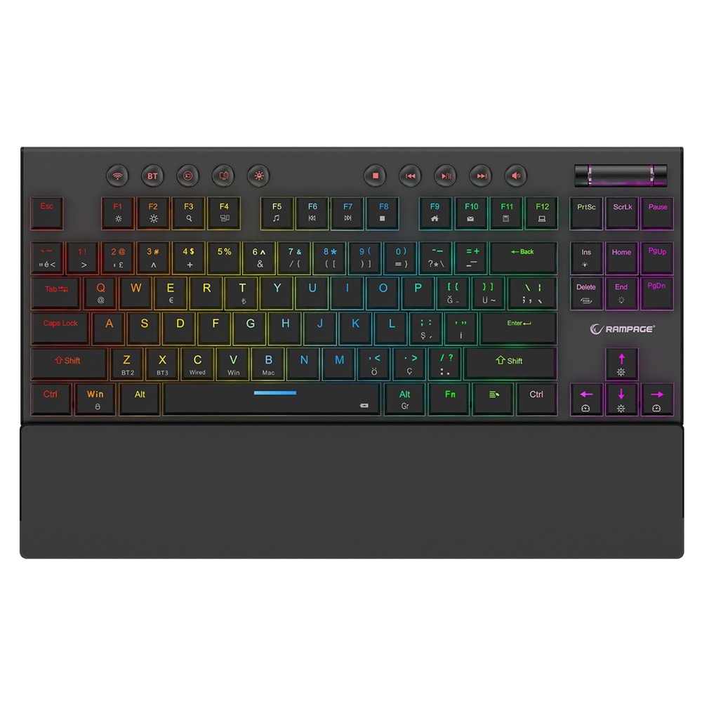 Rampage BERU Siyah 2.4G + BT Wireless RED SWITCH Mekanik Gaming Oyuncu Klavye Slim Low Profile RGB TKL