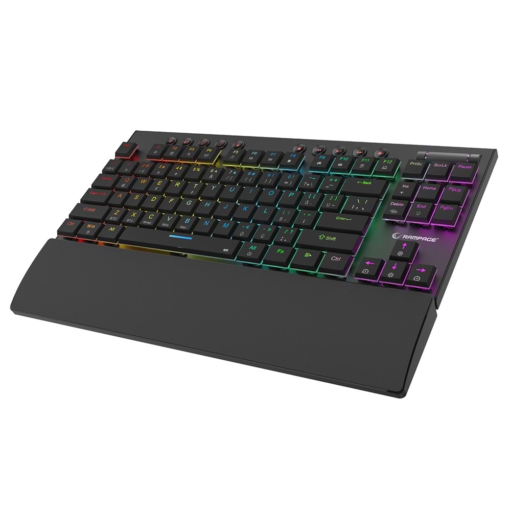 Rampage BERU Siyah 2.4G + BT Wireless RED SWITCH Mekanik Gaming Oyuncu Klavye Slim Low Profile RGB TKL