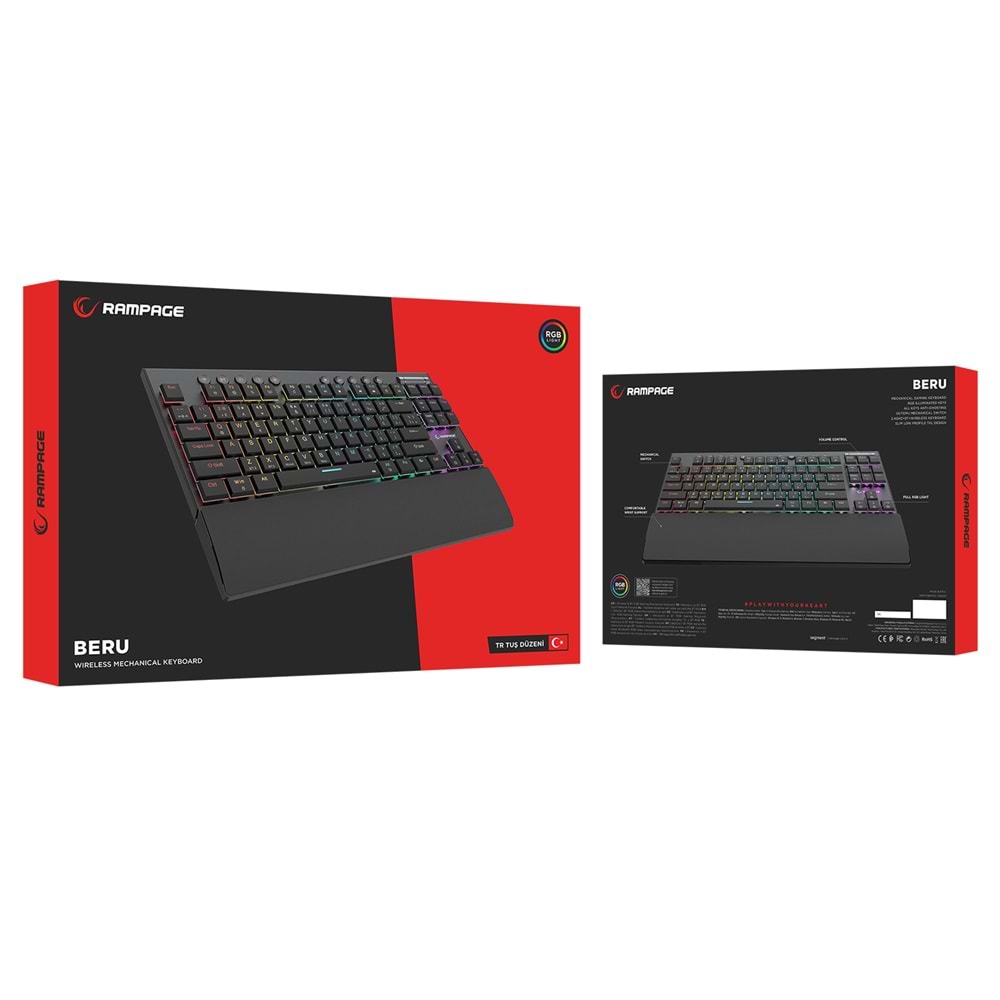 Rampage BERU Siyah 2.4G + BT Wireless RED SWITCH Mekanik Gaming Oyuncu Klavye Slim Low Profile RGB TKL