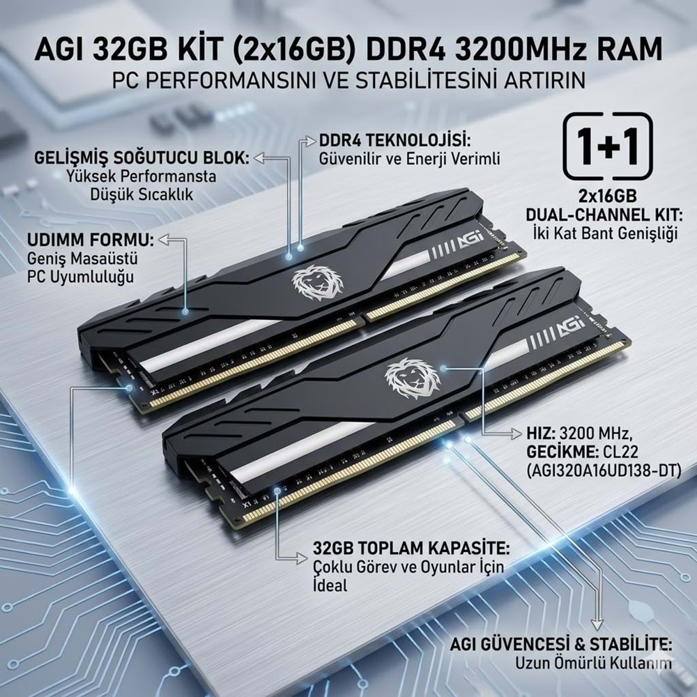 AGI 32GB Kit (2x16GB) DDR4 3200MHz UDIMM CL22 Soğutuculu Masaüstü PC RAM