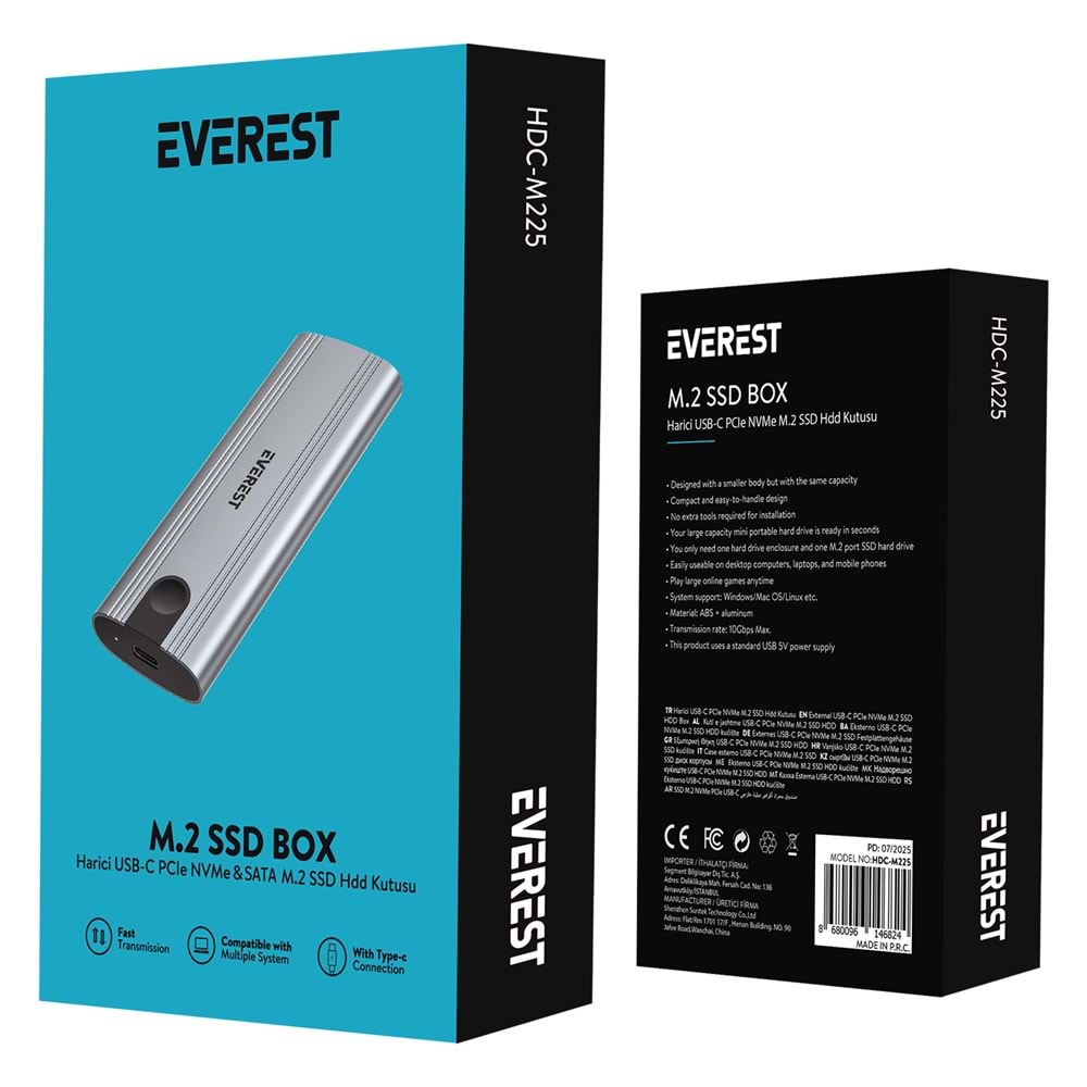 Everest HDC-M225 Harici USB-C PCIe NVMe M.2 SSD Hdd Kutusu