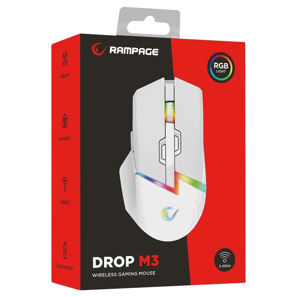 Rampage DROP M3 V2 24000 DPI PAW3311 Sensör RGB Şarjlı Kablosuz Huano Switch Gaming Oyuncu Mouse Beyaz