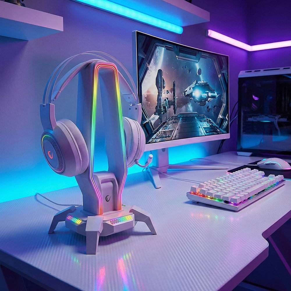 Rampage RM-H27 RGB Işıklı 3*USB 1*Type-C Beyaz 1*3.5mm Port Kulaklık Standı
