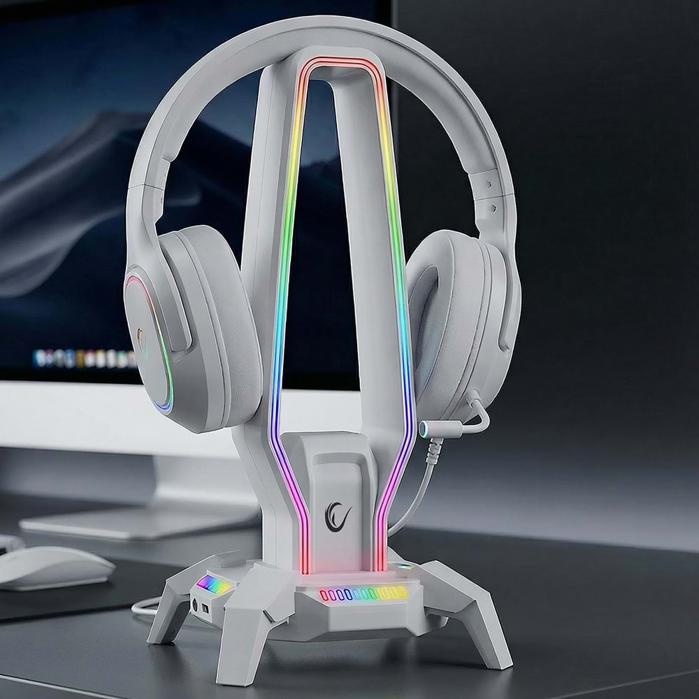 Rampage RM-H27 RGB Işıklı 3*USB 1*Type-C Beyaz 1*3.5mm Port Kulaklık Standı
