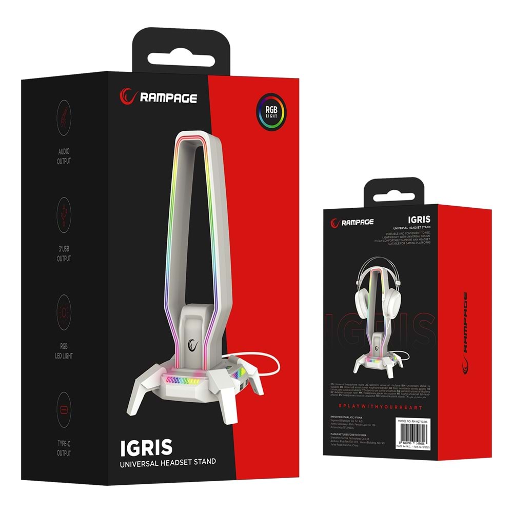 Rampage RM-H27 RGB Işıklı 3*USB 1*Type-C Beyaz 1*3.5mm Port Kulaklık Standı