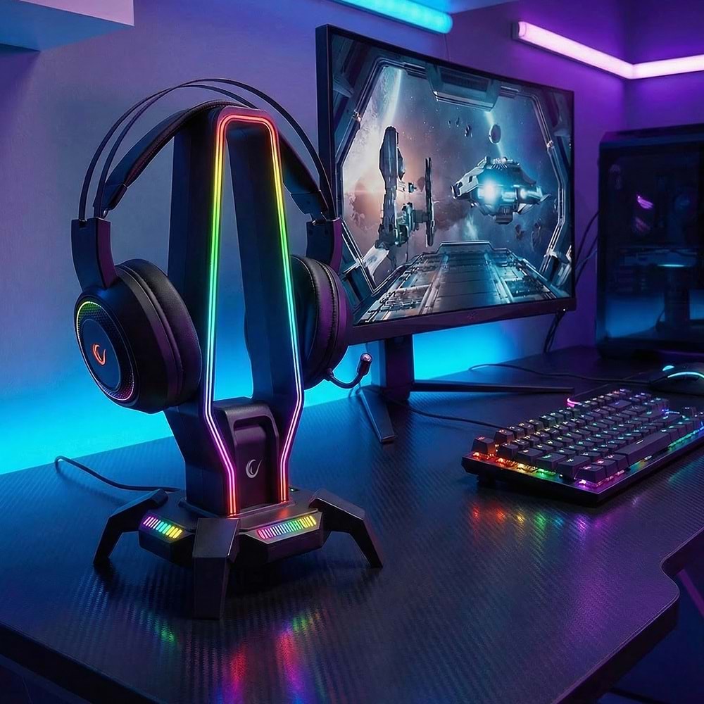 Rampage RM-H27 RGB Işıklı 3*USB 1*Type-C Siyah 1*3.5mm Port Kulaklık Standı