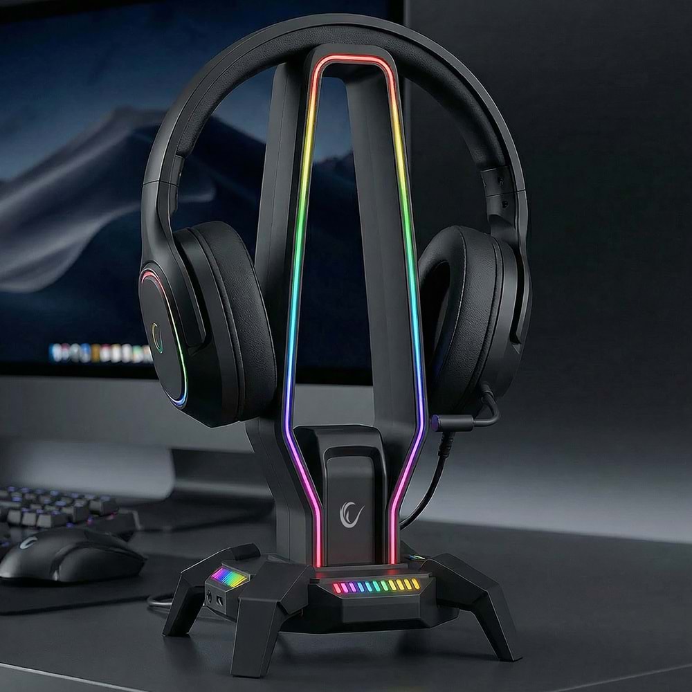 Rampage RM-H27 RGB Işıklı 3*USB 1*Type-C Siyah 1*3.5mm Port Kulaklık Standı