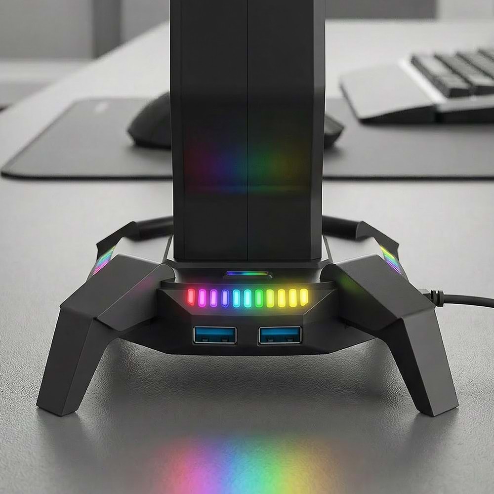 Rampage RM-H27 RGB Işıklı 3*USB 1*Type-C Siyah 1*3.5mm Port Kulaklık Standı