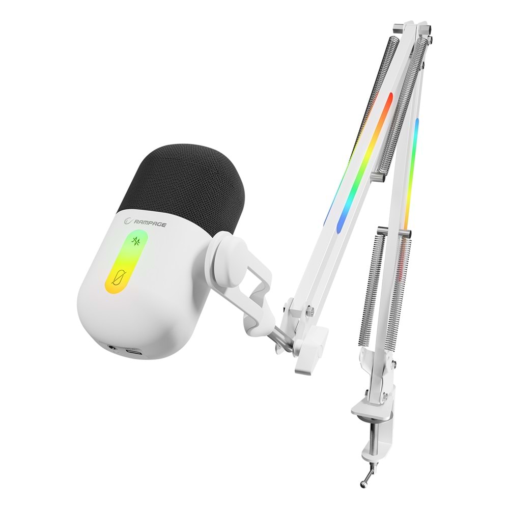 Rampage ARPEJ Beyaz RGB Standlı Ses Göstergeli USB Masaüstü Oyuncu Mikrofonu