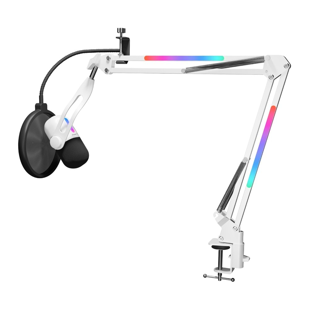Rampage ARPEJ Beyaz RGB Standlı Ses Göstergeli USB Masaüstü Oyuncu Mikrofonu