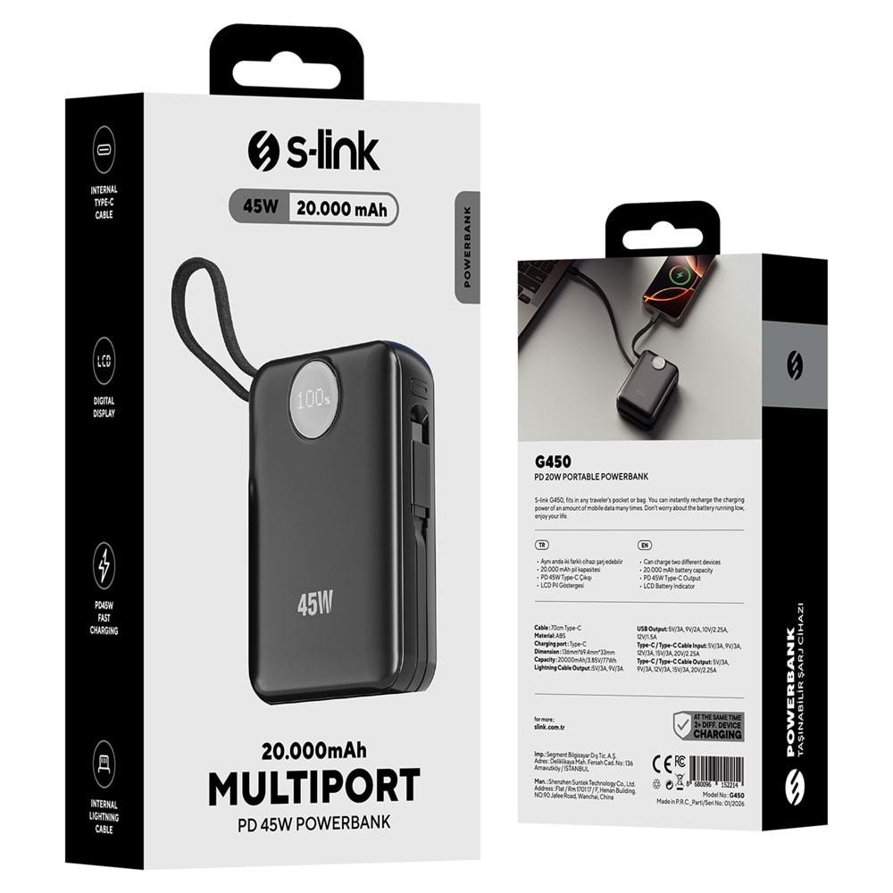 S-Link G450 20000mAh PD45W QC3.0 Dahili Kablolu LCD Ekranlı Siyah Taşınabilir Şarj Cihazı Powerbank